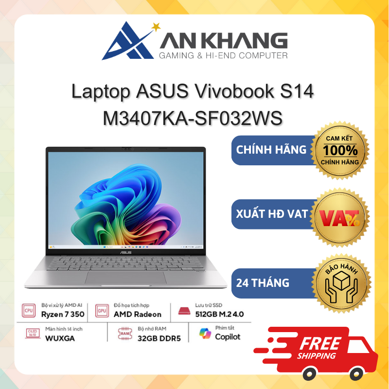Laptop ASUS Vivobook S14 M3407KA-SF032WS (AMD Ryzen AI 7 350; 32GB; 512GB SSD; 14.0" WUXGA;Win11) Ch