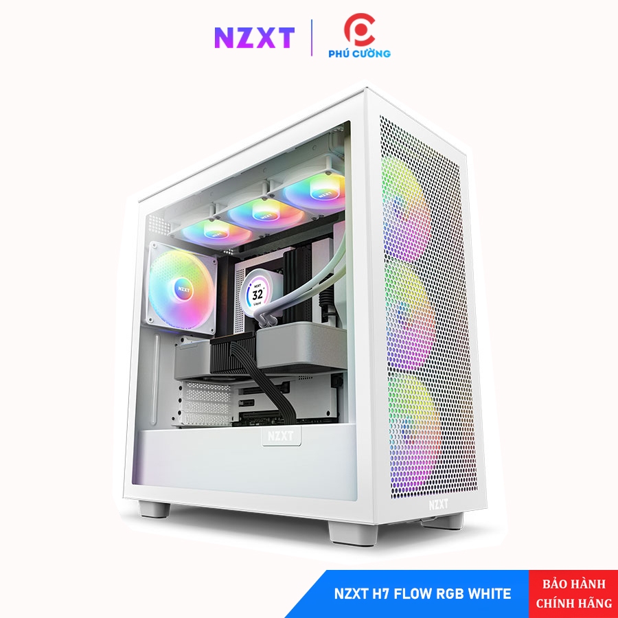 Vỏ Case NZXT H7 Flow RGB White CC-H71FW-R1 - Mid-Tower, Mặt Lưới, Fan RGB Sẵn Chính Hãng