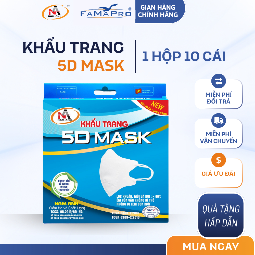 [5D MASK Hộp] Khẩu Trang Y Tế 3 Lớp Famapro 5D MASK (10 cái / Hộp)