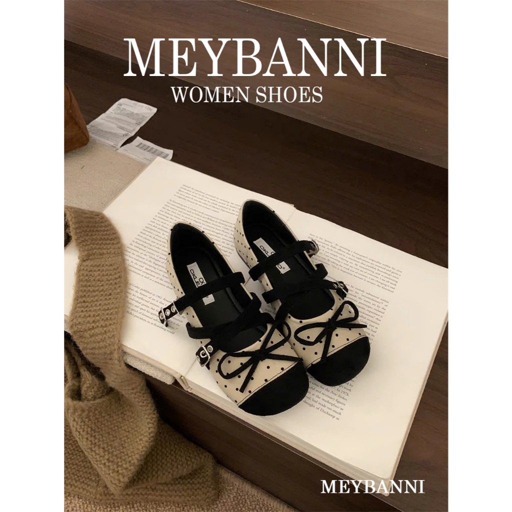 Giày Búp Bê MEYBANNI Đế Bệt Mũi  Chấm Bi Quai Ngang Phối Nơ Dễ Thương - C969