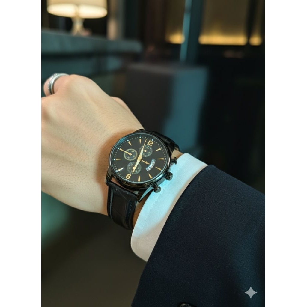 Đồng Hồ Nam POEDSGAR Full Đen Đồng Hồ Đeo Dây Da Cao Cấp Chống Nước Sang Trọng Tinh Tế