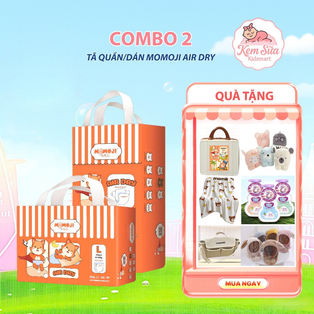 [Phiên Bản Mới] Combo 2 Tã quần /Dán Momoji Air Dry – Siêu mỏng, thoáng khí, khô ráo cả ngày cho bé