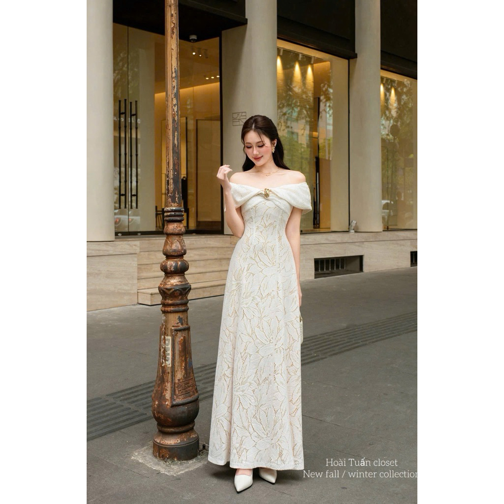 Váy dự tiệc trễ vai, đầm ren trễ vai nơ ngực chuẩn hàng tk loại 1