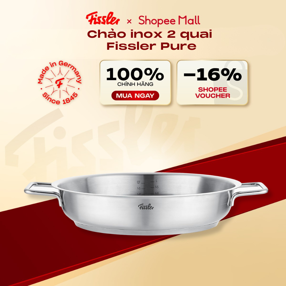 Chảo inox 2 quai Fissler Pure chính hãng thép không gỉ 18/10 cao cấp made in Germany