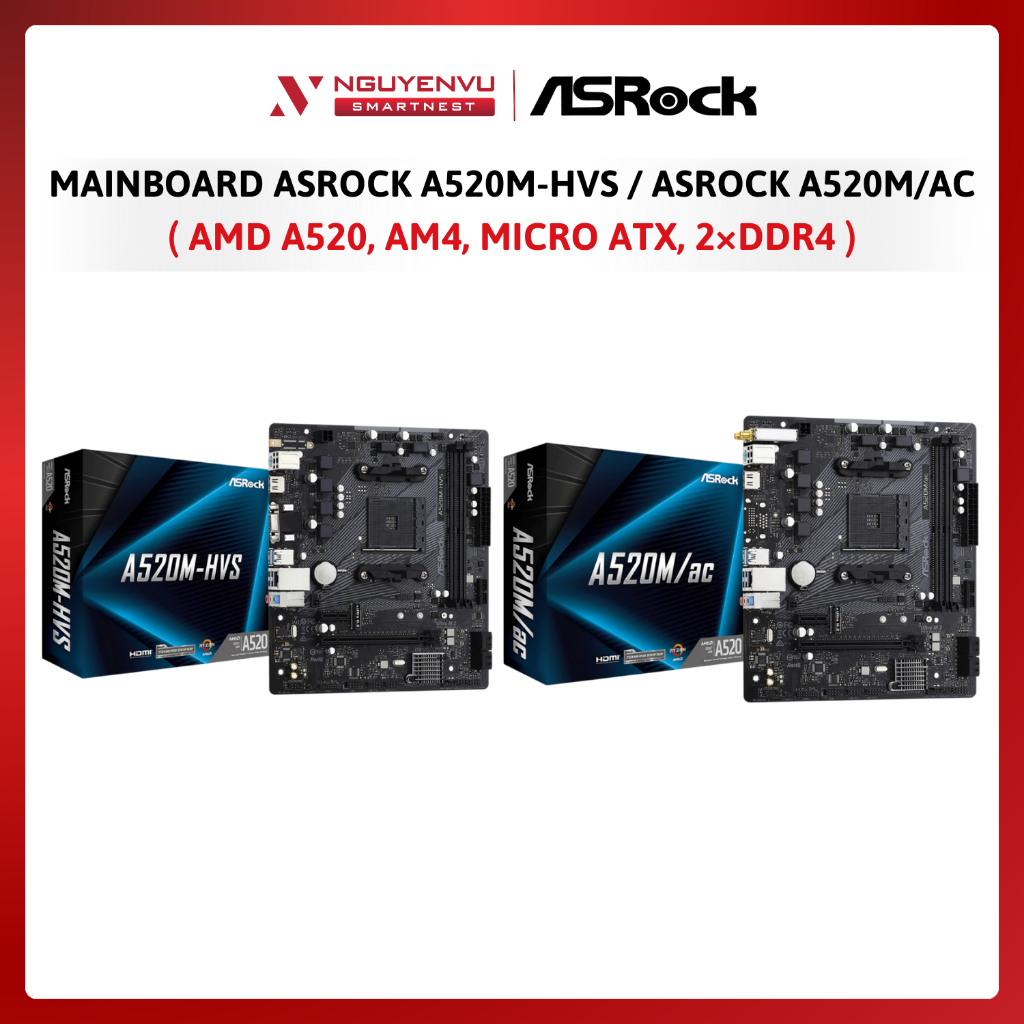 Mainboard Asrock A520M-HVS / Asrock A520M/ac - AMD A520, AM4, Micro ATX, 2×DDR4 | Hàng chính hãng | 