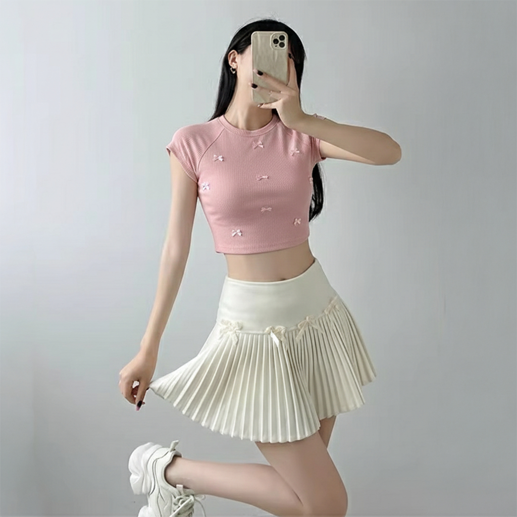 Áo Croptop Tay Ngắn Cổ Tròn DaaLaa Store Đính Nơ Dễ Thương A51104