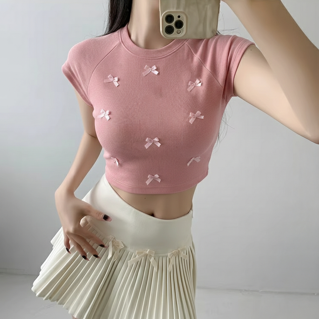 Áo Croptop Tay Ngắn Cổ Tròn PINKSTORE29 Đính Nơ Dễ Thương A51104