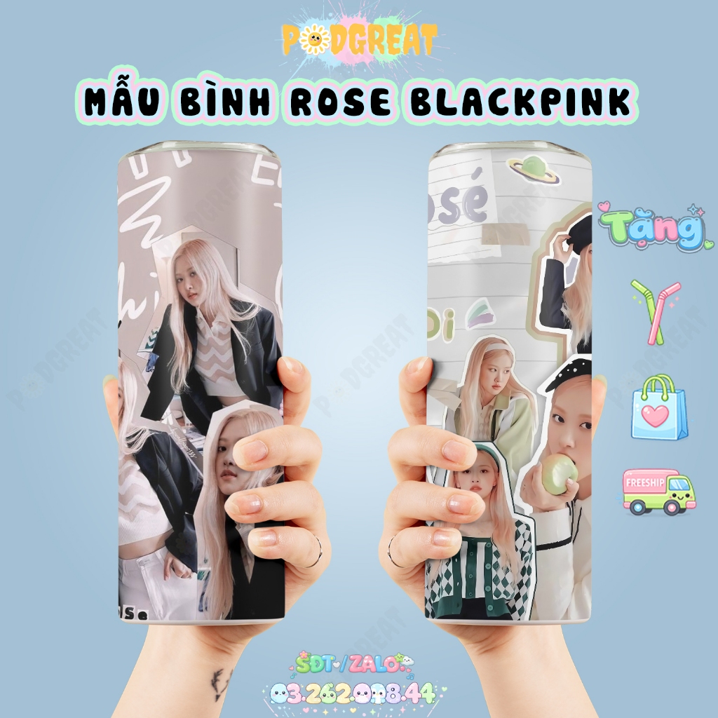 Rose BlackPink, Ly Giữ Nhiệt In Hình Rose, Bình Giữ Nhiệt, Cốc Giữ Nhiệt In Hình Rose BlackPink 600m