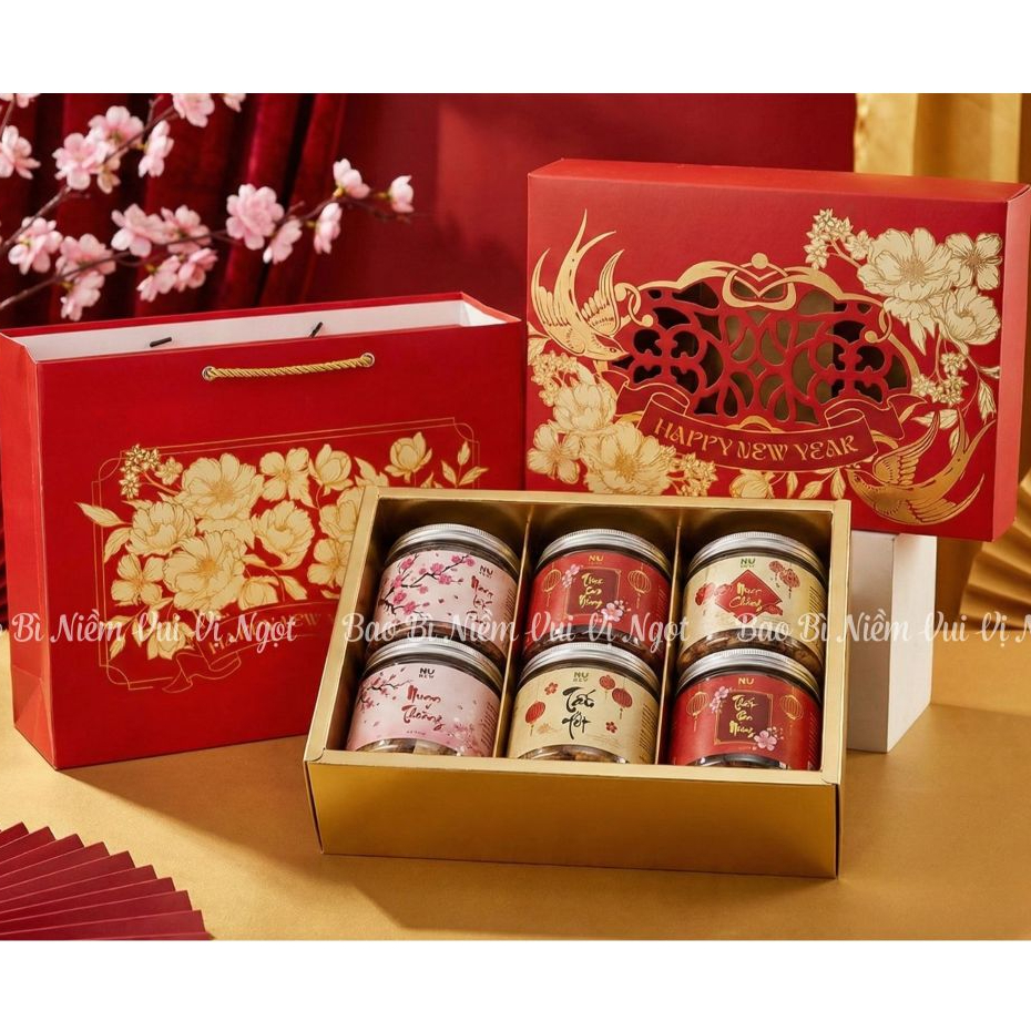 10 Hộp Quà Tết 3 Hũ 6 Hũ đựng Mứt Bánh Kẹo, Hộp Quà tặng cao cấp ~ Kim Sắc - KIM SẮC
