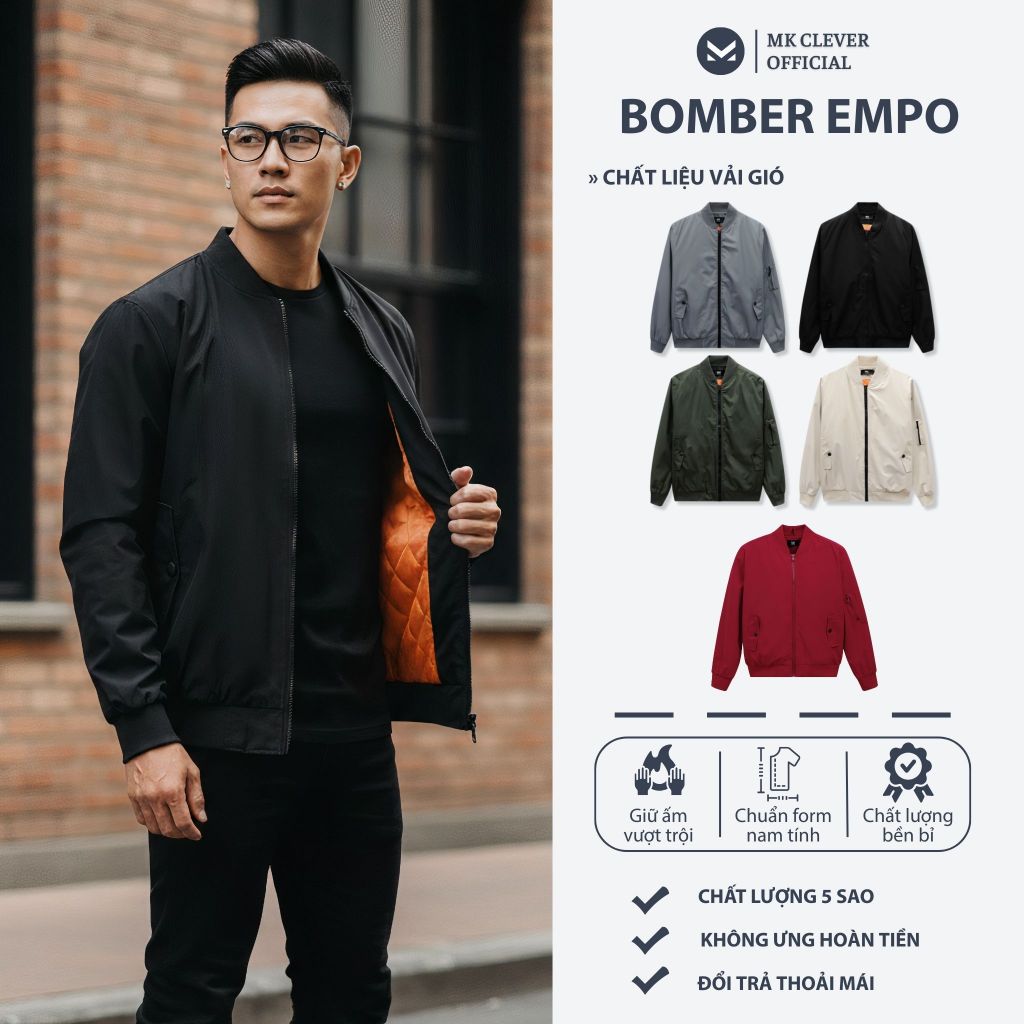 Áo Khoác Nam Bomber MK CLEVER Empo Chất liệu vải Gió trần bông dày dặn, cản gió tốt, trẻ trung