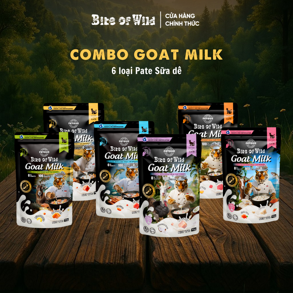Combo Mix 6 Gói Pate Cao Cấp Bite of Wild 70G, Công Thức Sữa Dê Đạm Tự Nhiên Cho Mèo Từ 2 Tháng Tuổi