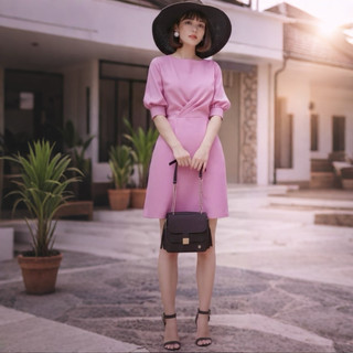 Đầm hồng xếp li eo, váy dự tiệc (kèm hình thật)