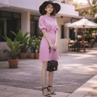 Đầm hồng xếp li eo, váy dự tiệc (kèm hình thật)