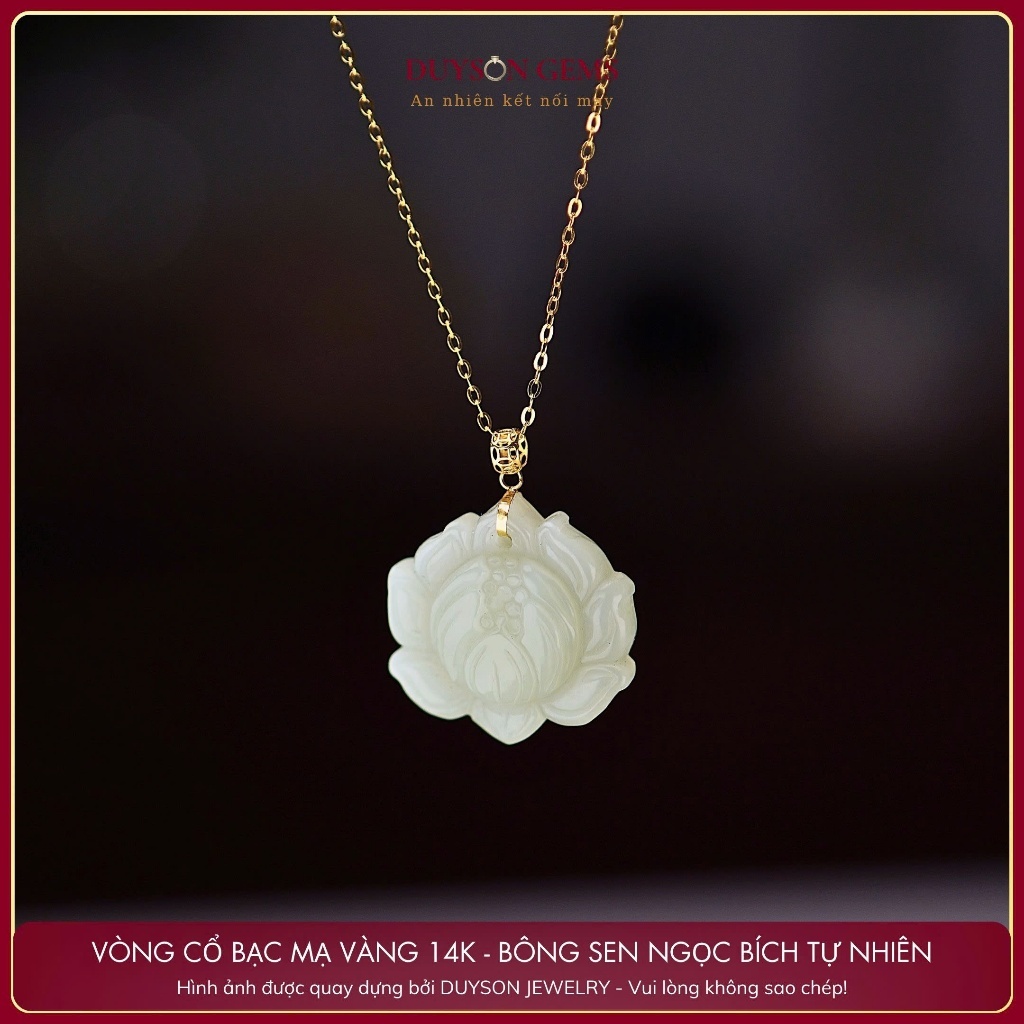 Dây chuyền ngọc bích Hòa Điền hoa sen bạch ngọc chất mịn, ẩm mix dây bạc 925 mạ vàng 18k Duyson Gem