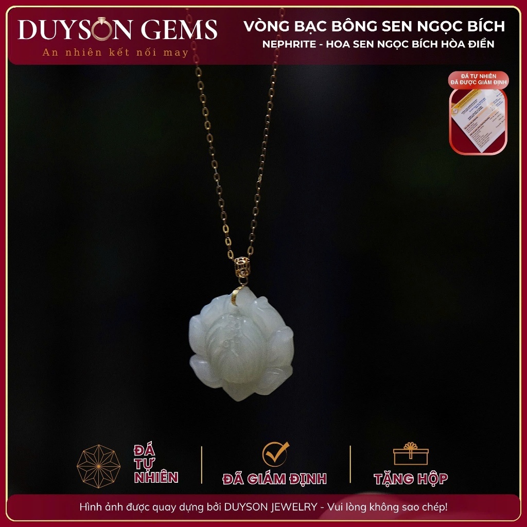 Dây chuyền ngọc bích Hòa Điền hoa sen bạch ngọc chất mịn, ẩm mix dây bạc 925 mạ vàng 18k Duyson Gem
