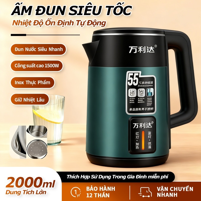 Ấm đun Siêu Tốc 2L 1500W Bình Giữ Nhiệt Ấm Đun Siêu Tốc Thép Không Gỉ Giữ Nhiệt 24 Giờ Chống Bỏng