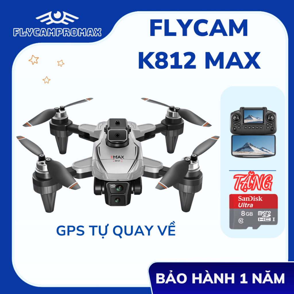 Flycam K812 Pro Max, Máy Bay Điều Khiển Có Tay Cầm Màn Hình, Drone Định Vị GPS Tự Động Quay Về