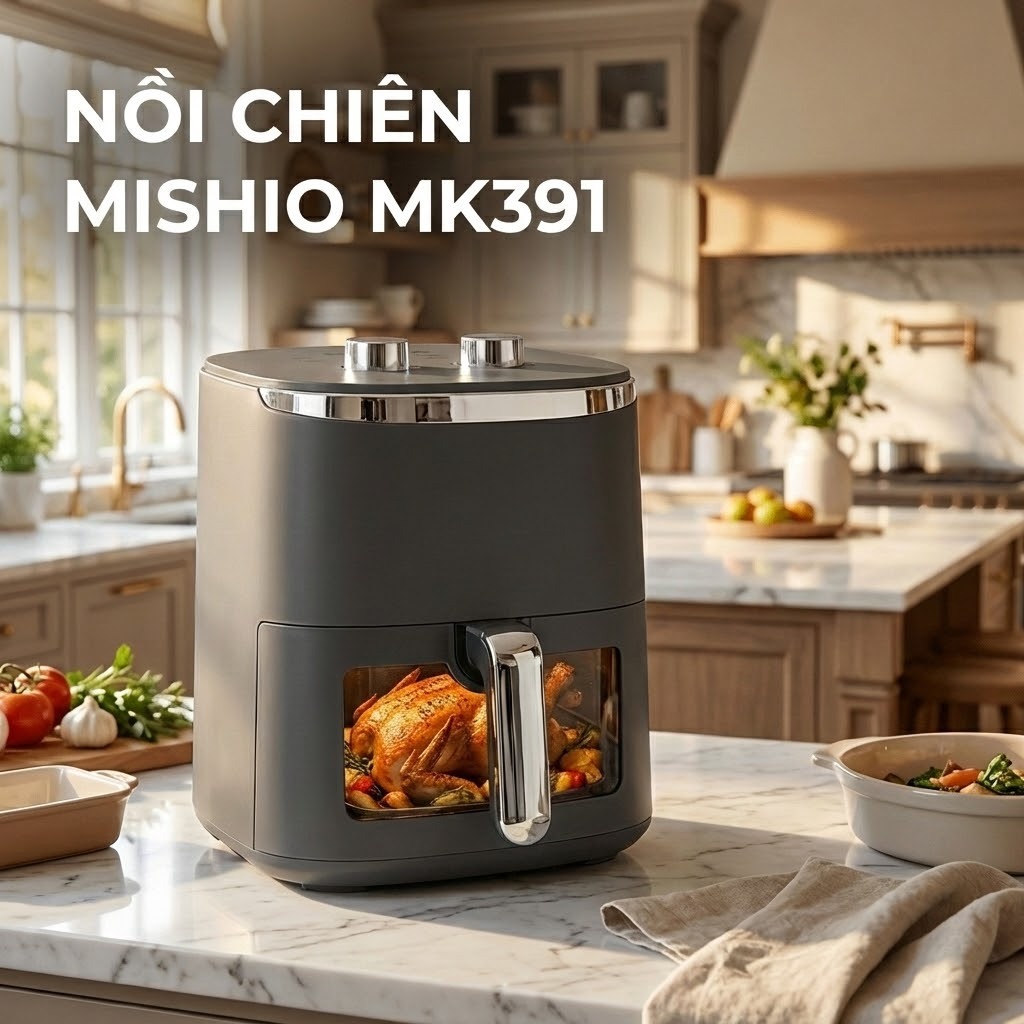 Nồi Chiên Không Dầu Mishio MK391 8Lít lòng kính dễ quan sát bên trong