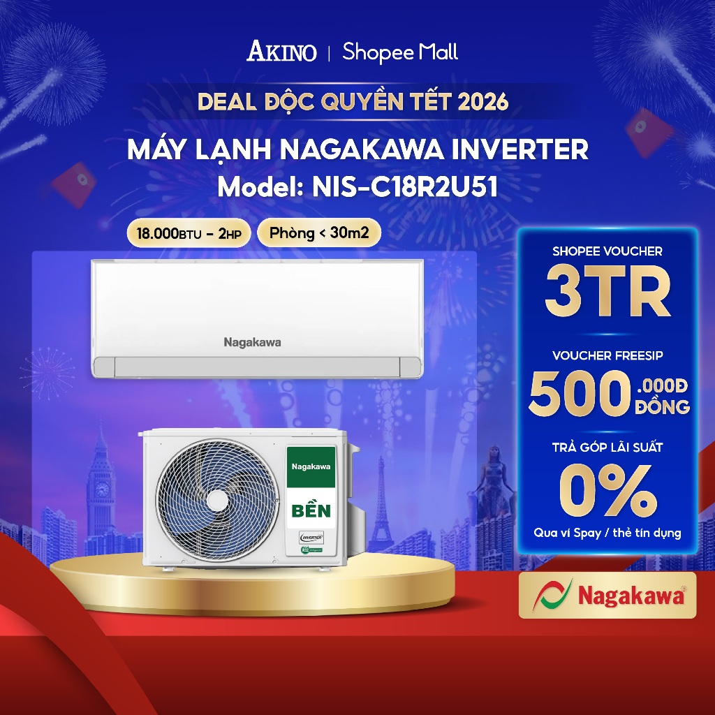 NIS-C18R2U51 I Máy Lạnh Nagakawa INVERTER Tiết Kiệm Điện 18.000BTU/2.0 HP/2.0 Ngựa Model 2025