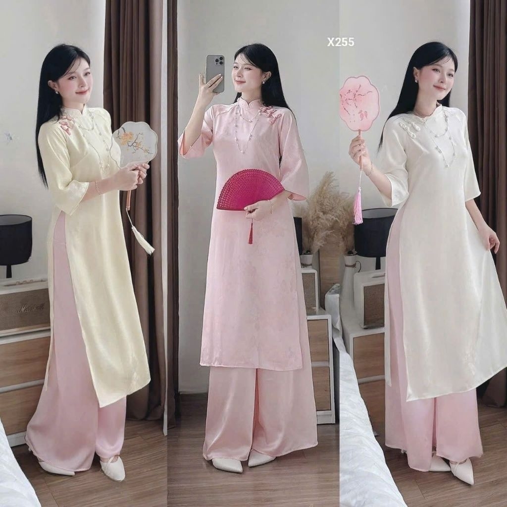 Bo thiet ke Áo dài gấm 2 da cổ tàu quần tuyết nhung dài rộng chuẩn hình cao cấp X255 Xinh lung linh 