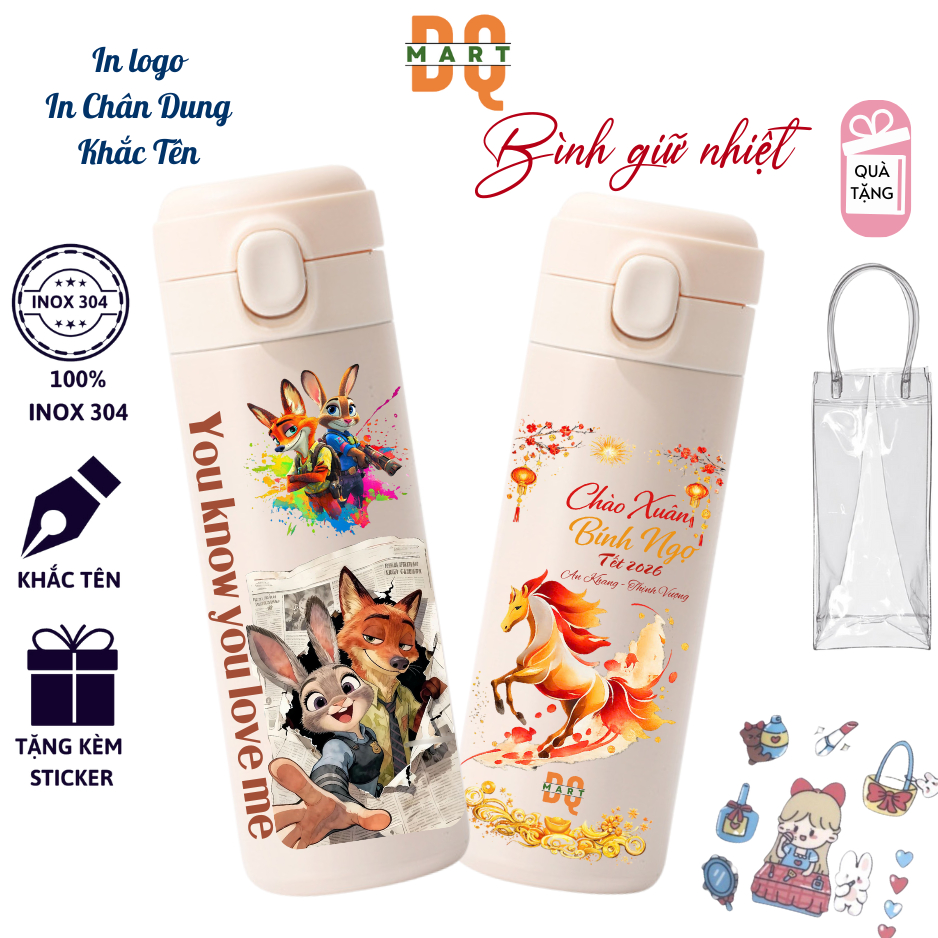 Bình giữ nhiệt IN CAPYBARA 400ml giữ nhiệt 12h,kèm quà tặng Ly giữ nhiệt gấu dâu,inox 304 400 DQMART