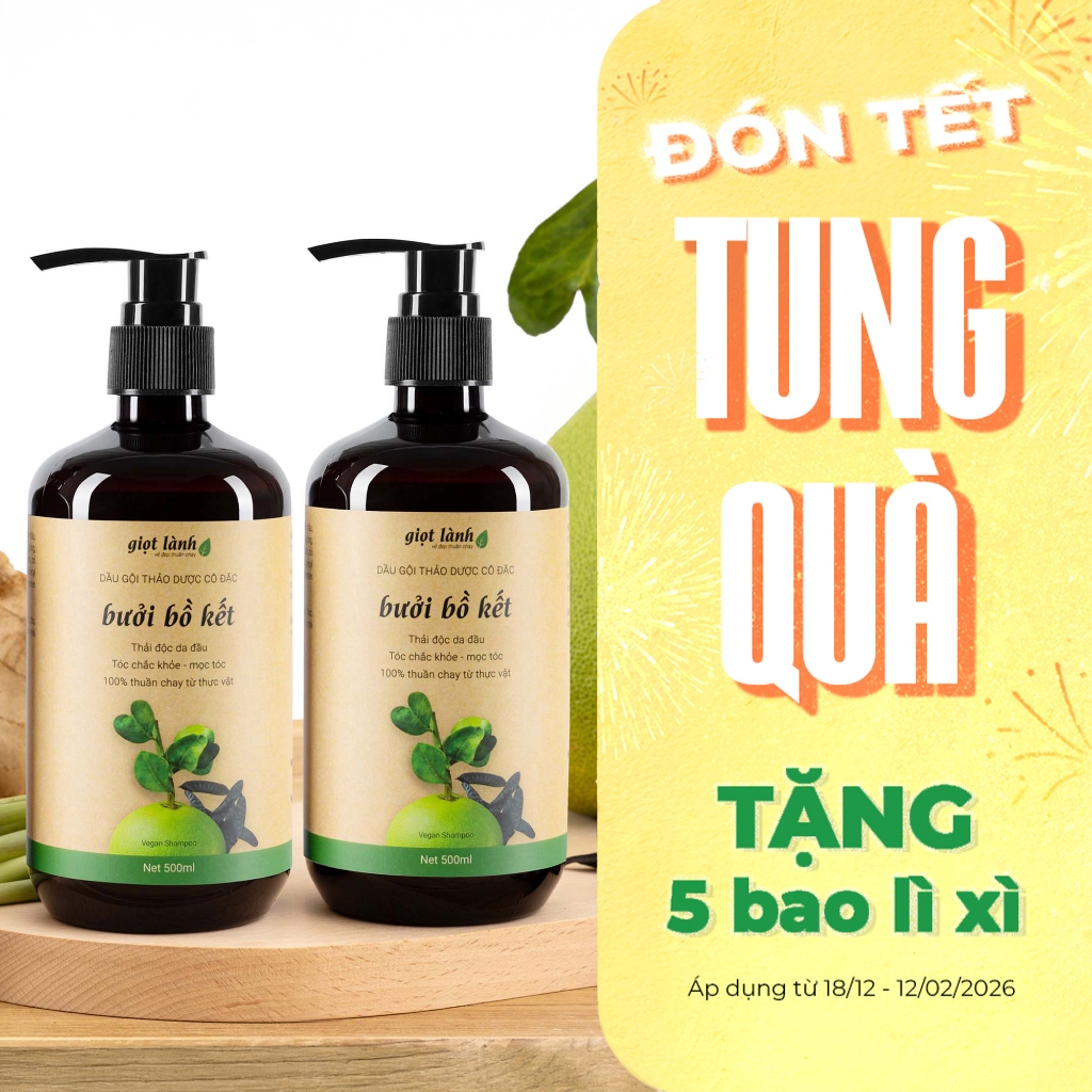 [2 CHAI] Dầu gội Bưởi Bồ kết, dầu gội thảo dược thuần chay Giọt Lành 500ml