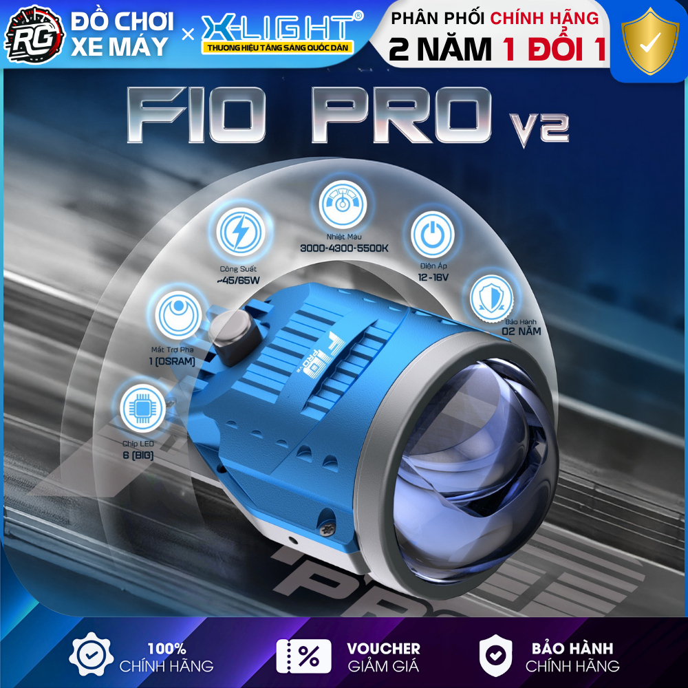 XLIGHT F10 PRO V2, Đèn Bi Gầm Ô Tô 3.0 Inch Tích Hợp 3 Nhiệt Màu Công Suất 45/65W Tâm Trợ Pha