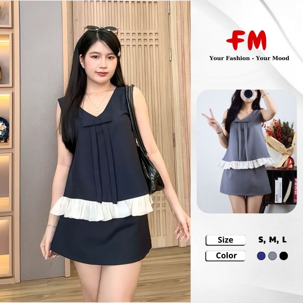 Set Váy Ngắn Nữ FMSTYLE Sát Nách Cổ V Nơ Ngực Dễ Thương Chuẩn Gu Hàn Quốc 25111037