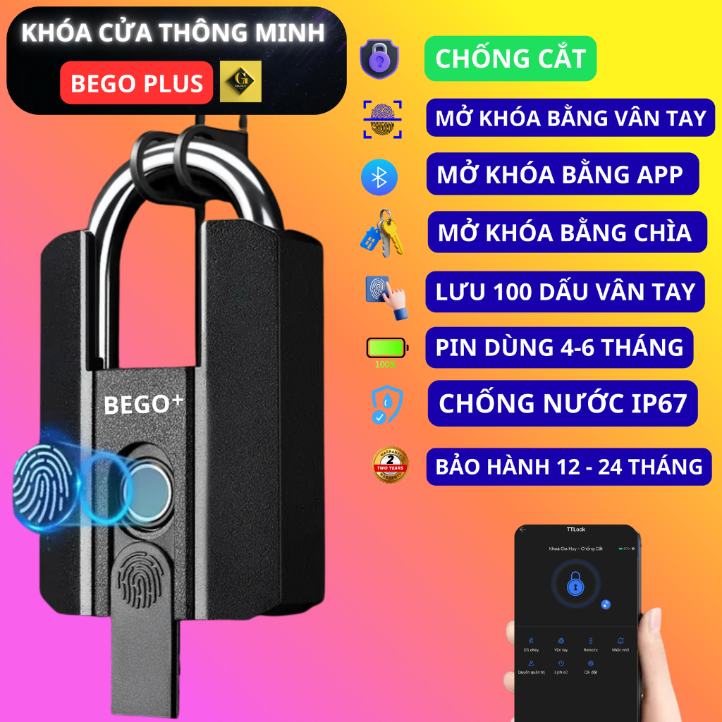 Ổ khóa vân tay cao cấp BEGO PLUS 2026 100 dâu vân tay, chống cắt, pin 6-8tháng, mở qua app
