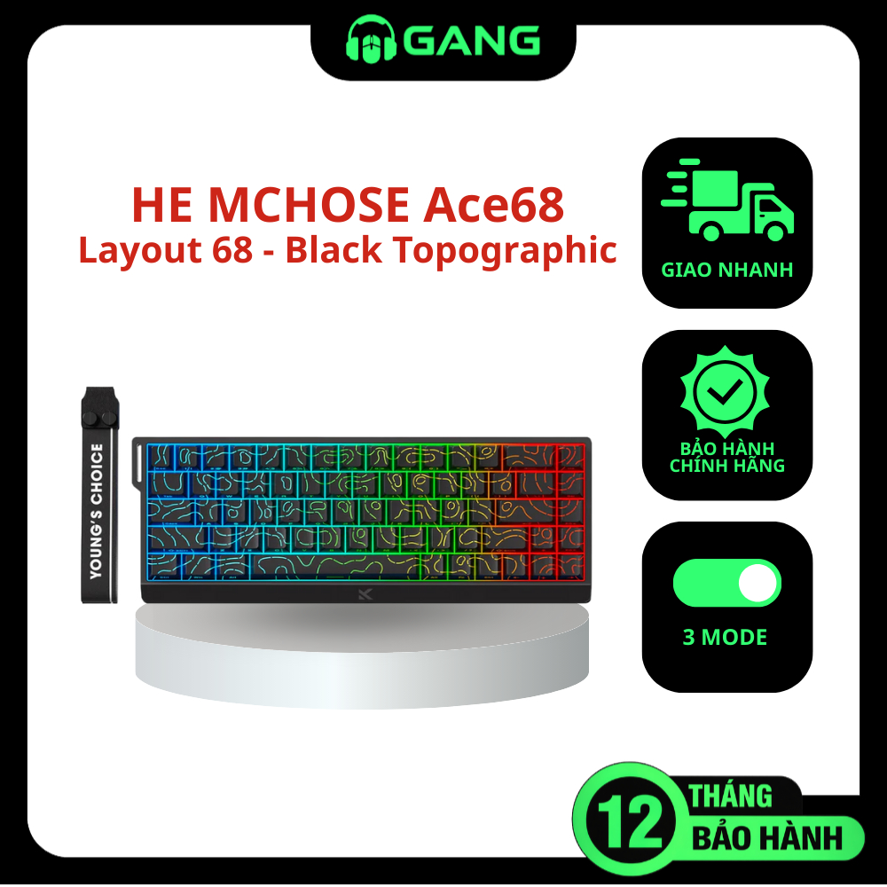 Bàn phím cơ HE MCHOSE Ace68 - Black Topographic - Layout 68 - 3 Mode - Bảo Hành 12 Tháng | Gang Gear