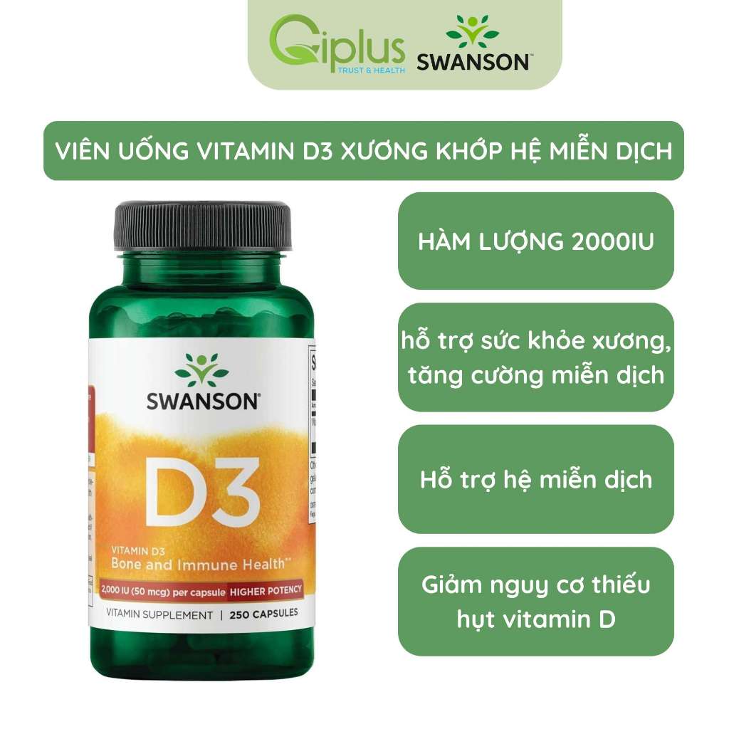 Viên Uống Swanson Vitamin D3 2000 IU Cung Cấp Vitamin D3, Ngăn Ngừa Loãng Xương