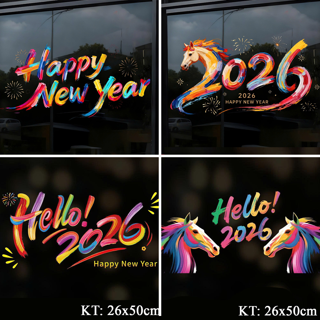 Decal Trang Trí Tết Hello 2026 -Mã Đáo Thành Công - Màu Neon Rực Rỡ – Dán Cửa Kính Quán Cafe, Shop, Kính Sau Ô Tô