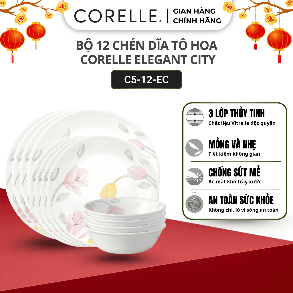 SET 12 cái 4 người – Tô chén dĩa thủy tinh CORELLE Elegant City (EC) - C5-12-EC - Made in USA