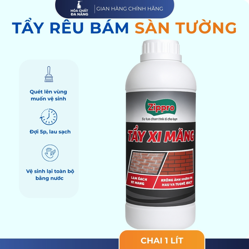 Tẩy Rêu Zippro-Tẩy Nhanh, Sạch, An Toàn -Chai 1L _ ZIPPRO Tẩy rêu bám lâu năm ở sàn gạch, đá, sân