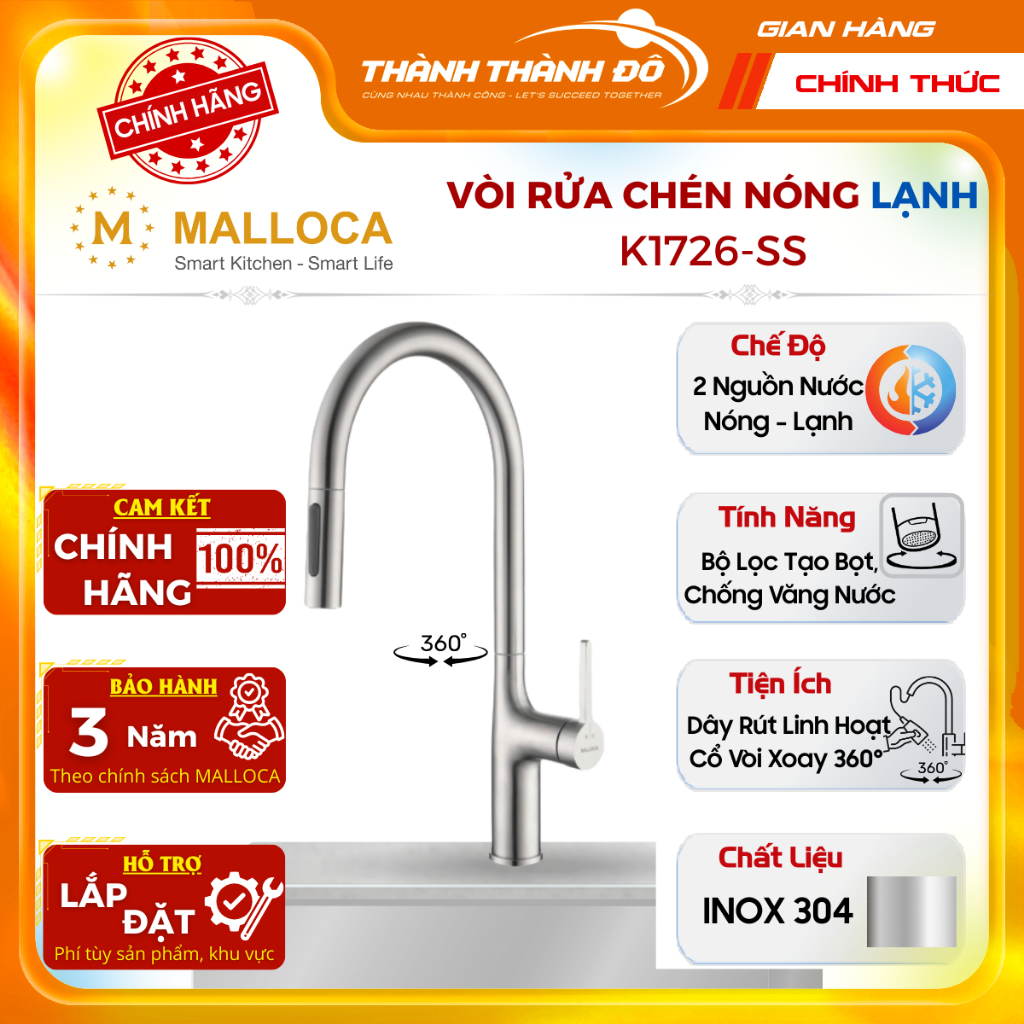 [CHÍNH HÃNG] Vòi Rửa Chén Nóng Lạnh Malloca K1726-SS - Có Dây Rút - Chất liệu Inox 304