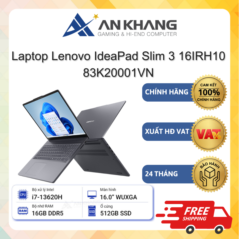 Laptop Lenovo IdeaPad Slim 3 16IRH10 83K20001VN (i7-13620H/ 16GD5/ 512GSSD/16.0WUXGA/W11SL) Chính hã