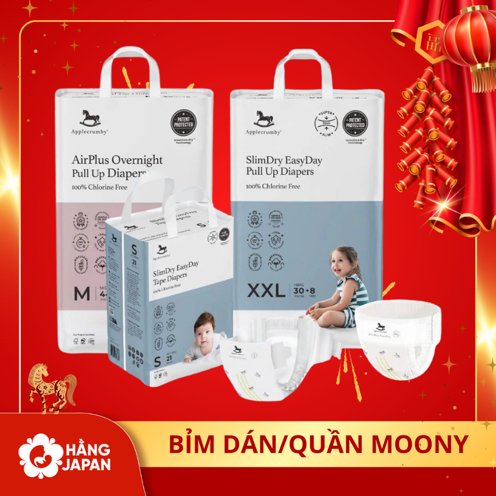 Bỉm dán/ Bỉm quần/ Tã dán/ Tã quần Applecrumby Slim/ Applecrumby đêm đủ size- hàng chính hãng