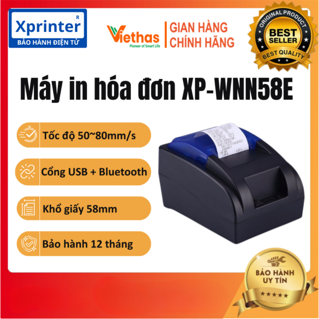  Máy in hóa đơn K57 Xprinter WNN58E Kết nối cổng USB + Bluetooth, in bill tính tiền trên Điện Thoại và Máy Tính
