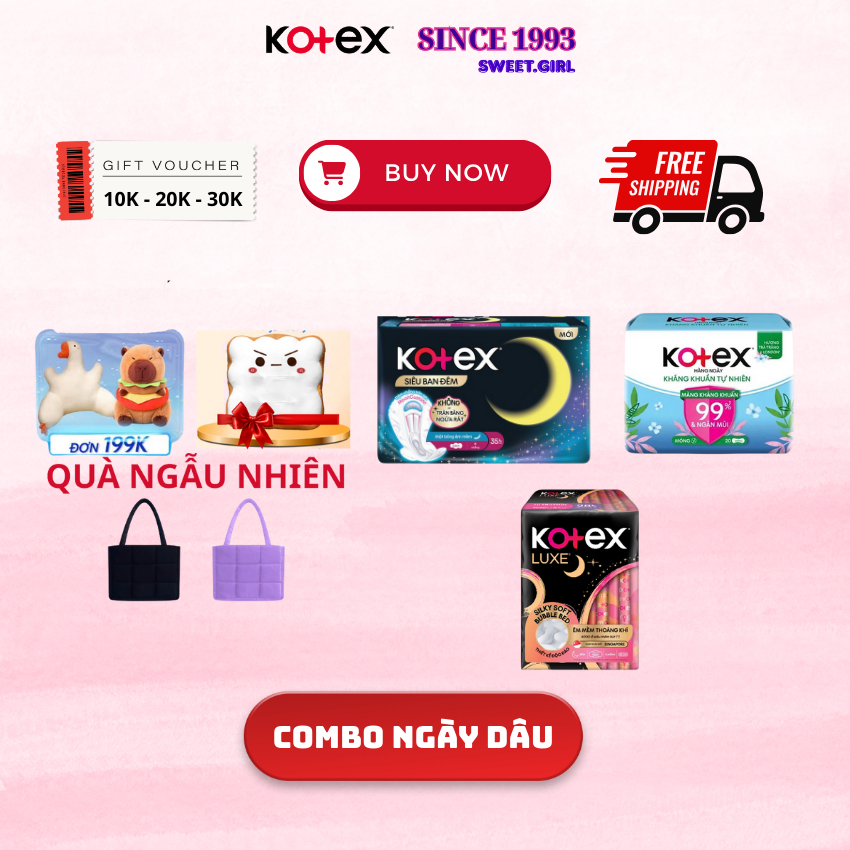 Combo ngày dâu KOTEX BVS Moon 8 Miếng + kháng khuẩn hàng ngày 40 Miếng + Lux mặt bông 8 Miếng