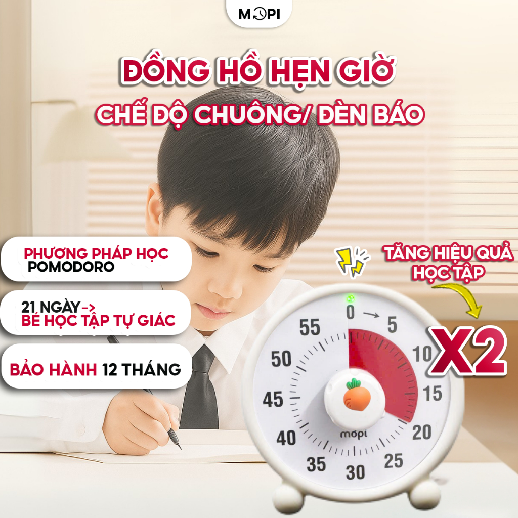 Đồng hồ đếm ngược Pomodoro học bài tập trung, Mopi timer MP038 quản lý thời gian trẻ em, đồng hồ hẹn