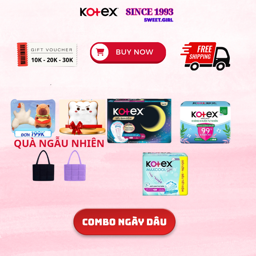 Combo ngày dâu KOTEX BVS Moon 8 Miếng + kháng khuẩn hàng ngày 40 Miếng + Maxcool 20 Miếng
