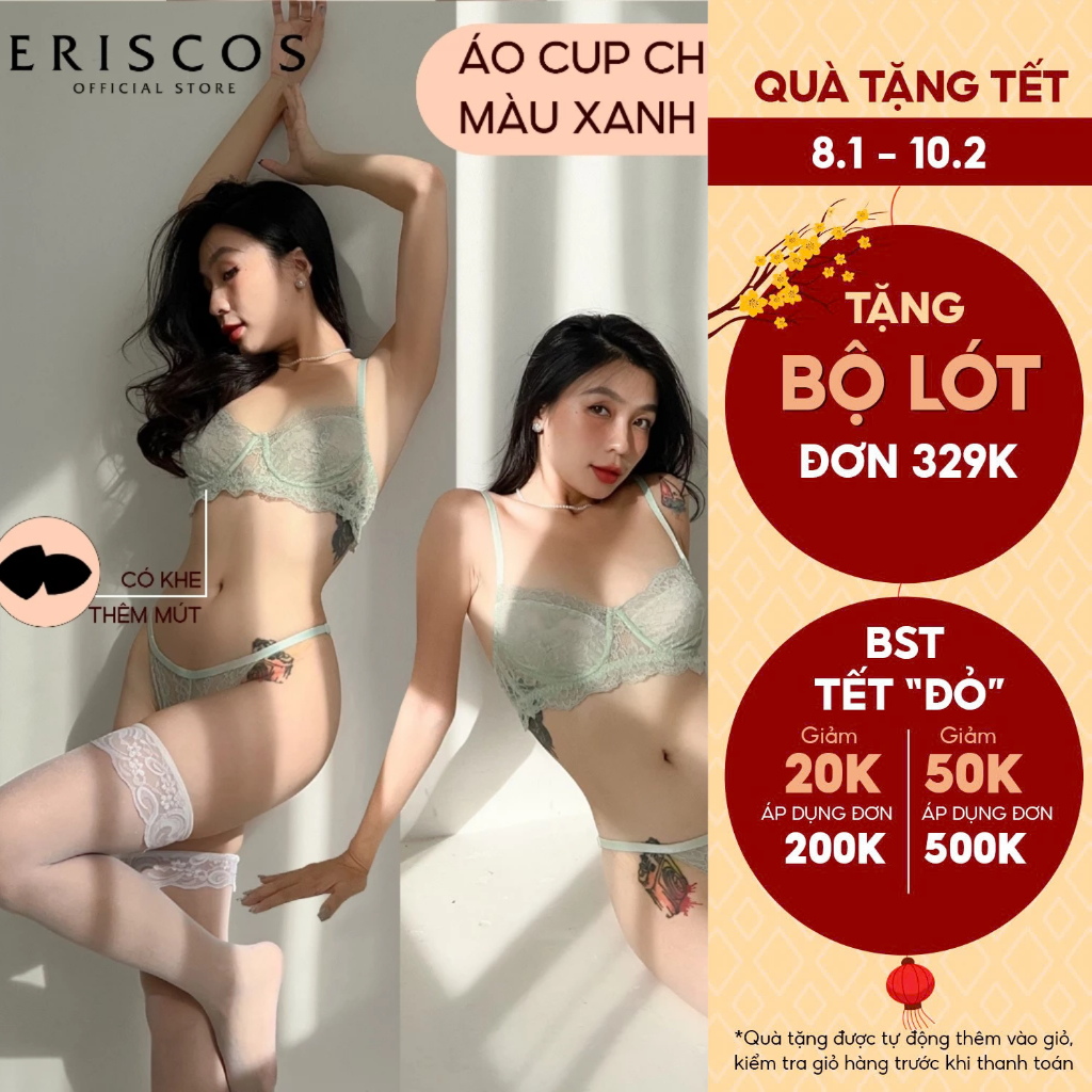 Bộ nội y nữ ren màu xanh mint mong manh có gọng không mút lót mềm mại gợi cảm quần dây không viền Er