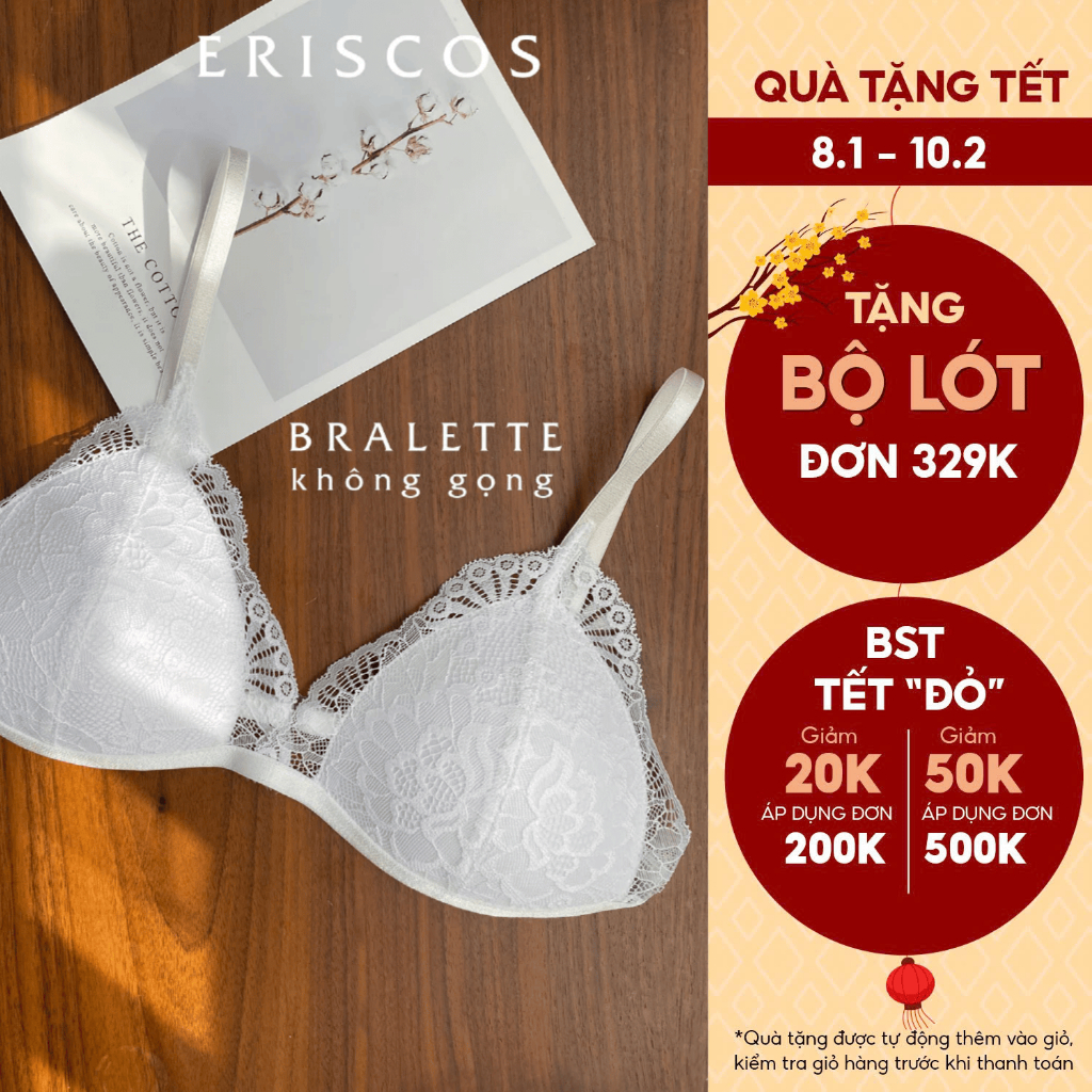 Áo bra nữ ren mút mỏng không gọng hở lưng thoáng mát gợi cảm nhẹ tênh Eriscos E1009