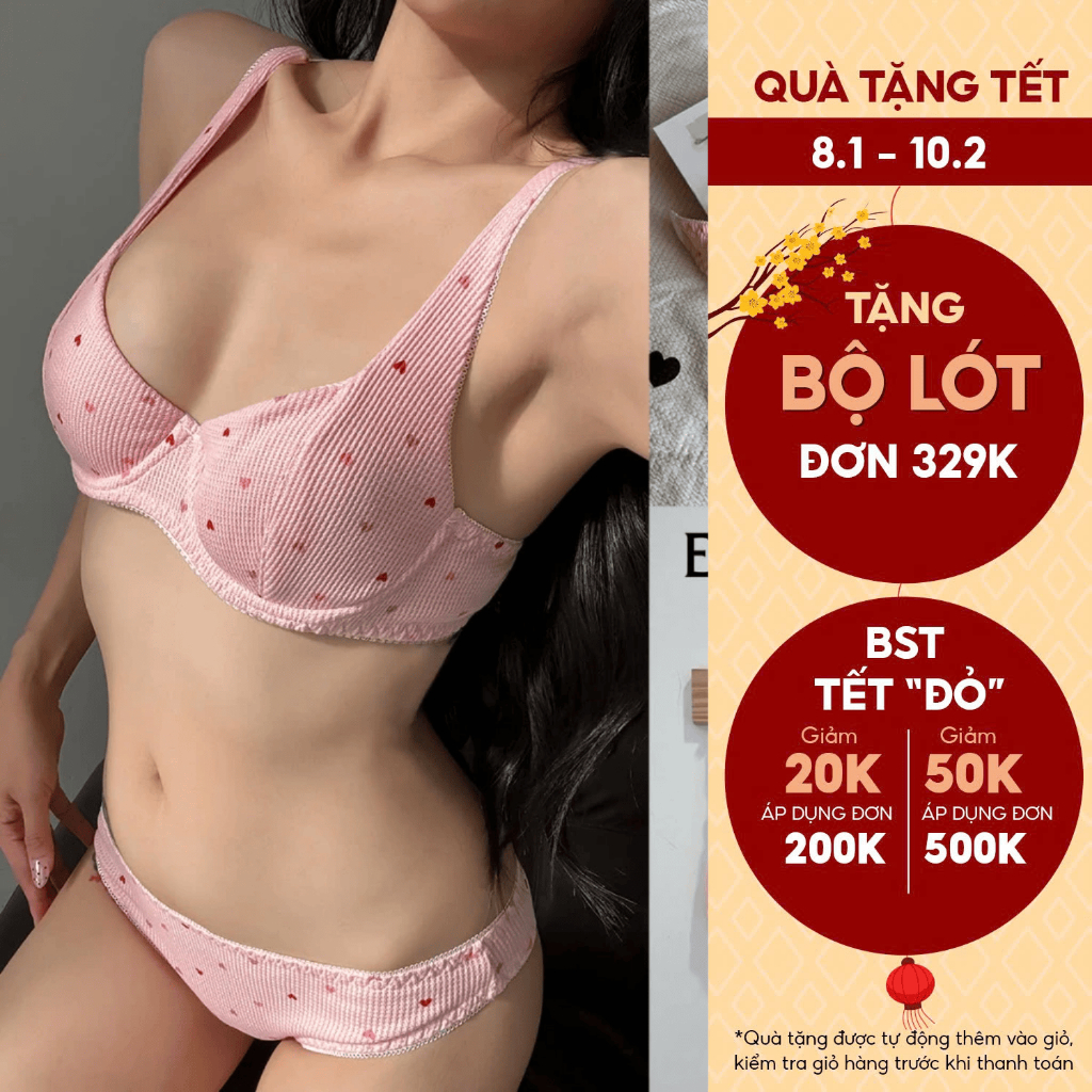 Renata - Bộ cotton hồng trái tim có gọng mix viền ren giúp ôm quả tròn quả tạo khe tự nhiên Eriscos
