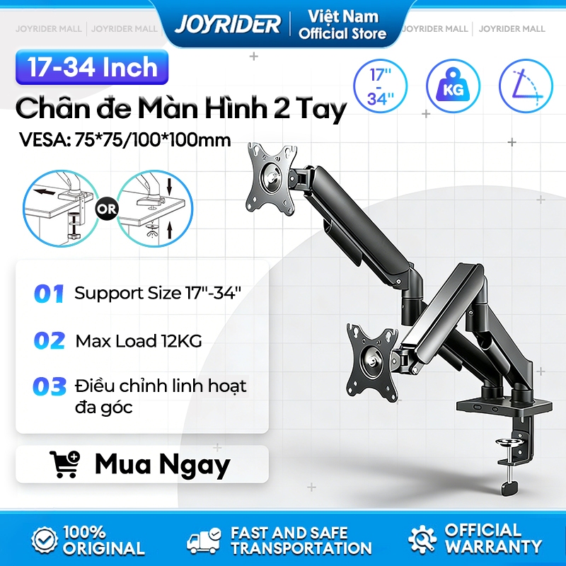 Arm Màn Hình 2 tay – Tải trọng 12kg | Phù hợp với màn hình 17-34 inch, dễ lắp đặt, giá tốt