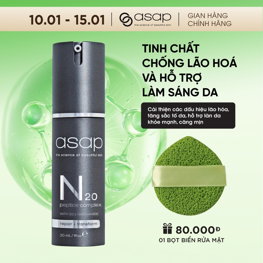 Asap - Serum chống lão hóa, thu nhỏ lỗ chân lông và làm sáng da Asap N20 Peptide Complex 30ml