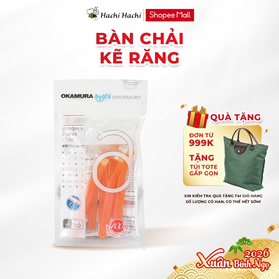 Bàn chải kẽ răng Okamura Asahi hình L 6 cái màu cam (SS) 0.8mm - Hachi Hachi Japan Shop