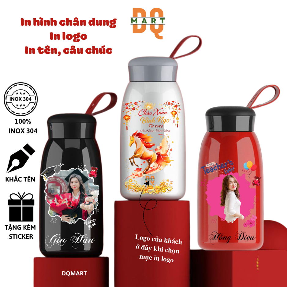 Bình nước HELLO Dqmart 500ml Khắc tên và in hình chân dung theo yêu cầu giữ nhiệt 6- 8 tiếng