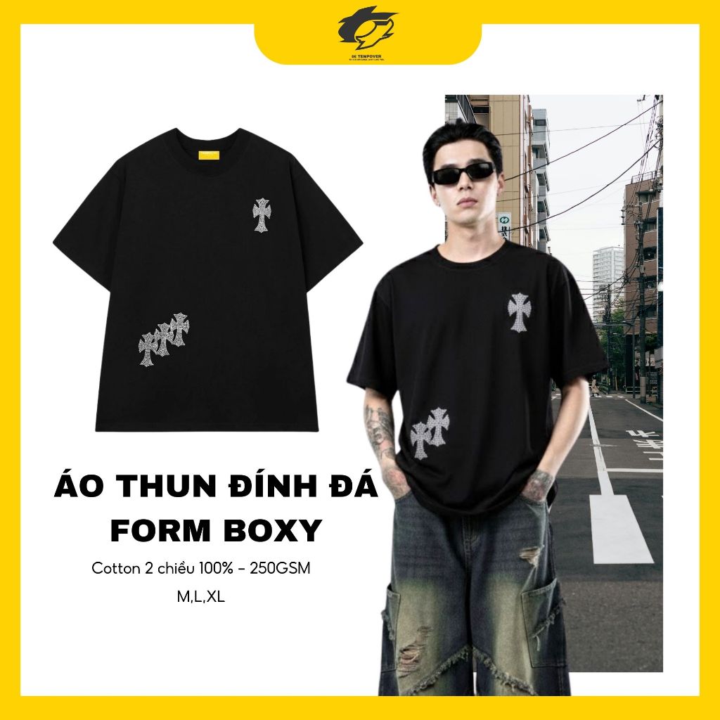 Áo thun đính đá chữ Thập form Boxy - From Boxy Unisex Dành Cho Cả Nam Và Nữ