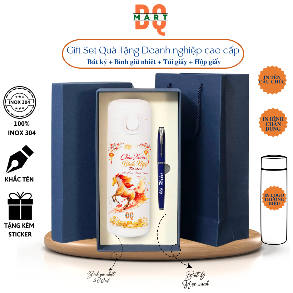 Bộ Quà Tặng Bình Giữ Nhiệt Khắc Tên Inox 304 DQMart Và Bút Ký Kim Loại Cao Cấp, In logo theo yêu cầu